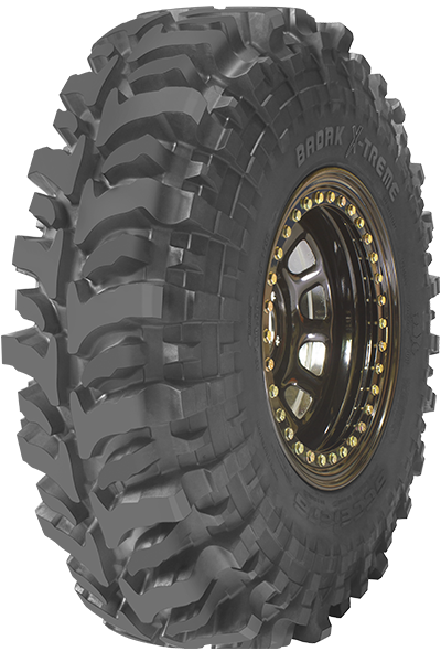 Accelera Badak X-Treme mud-terrain tire on a gold beadlock wheel, BADAK X-TREME lettering across the sidewall above deep open tread blocks